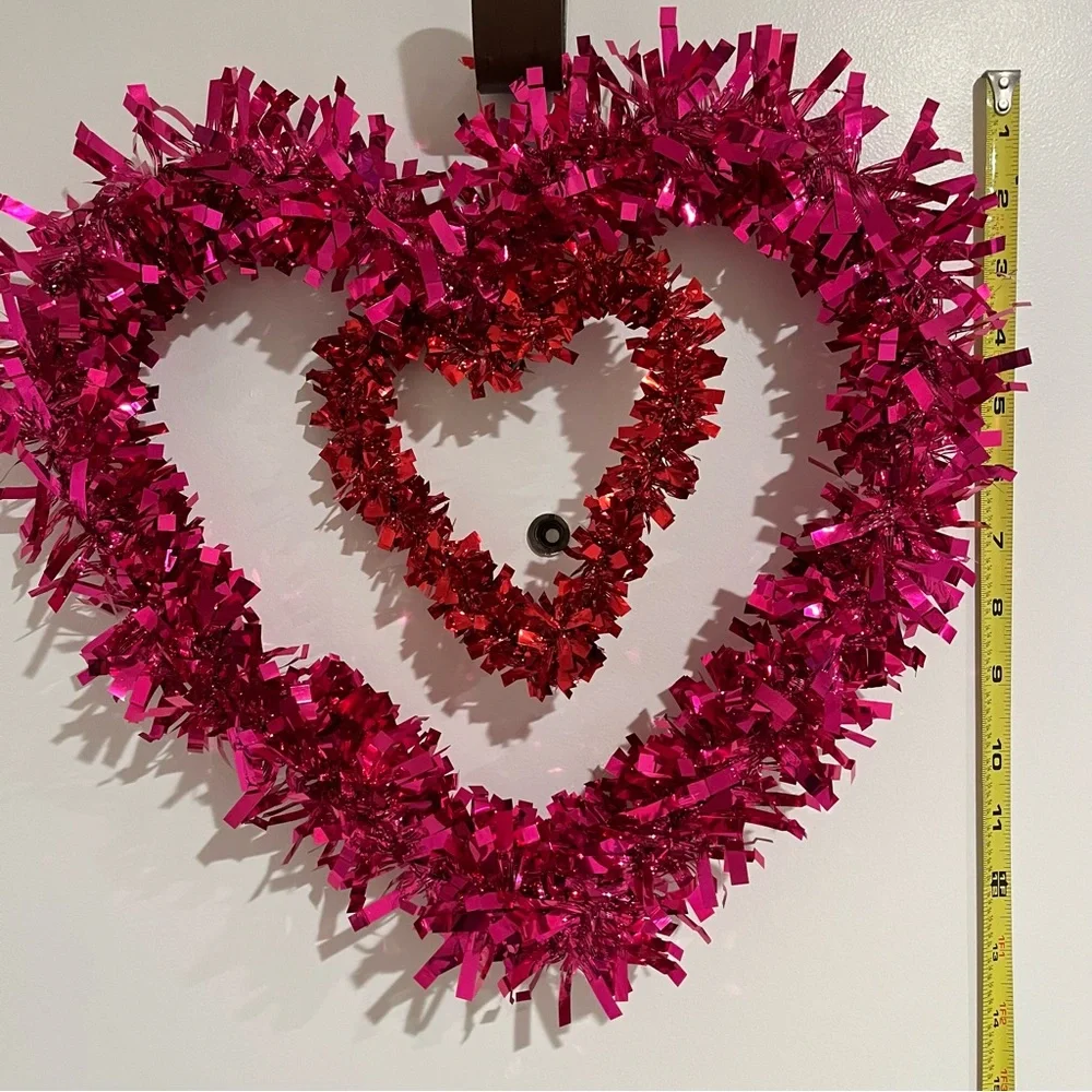 Double Heart Tinsel Wreath in Pink and Red Valentine's Day Decoration